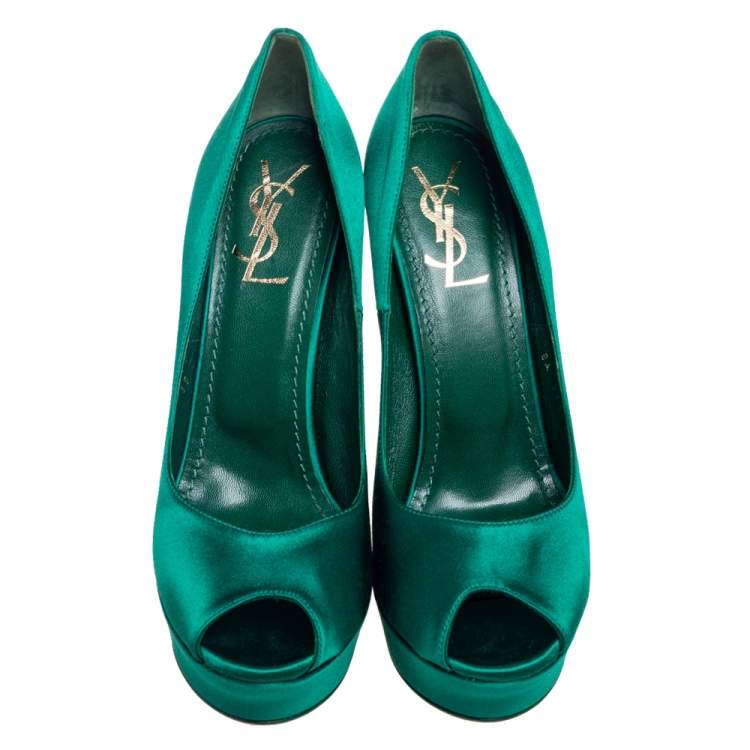 Pre Owned Yves Saint Laurent Green Satin Palais Platform Peep Toe Pumps Size 39
