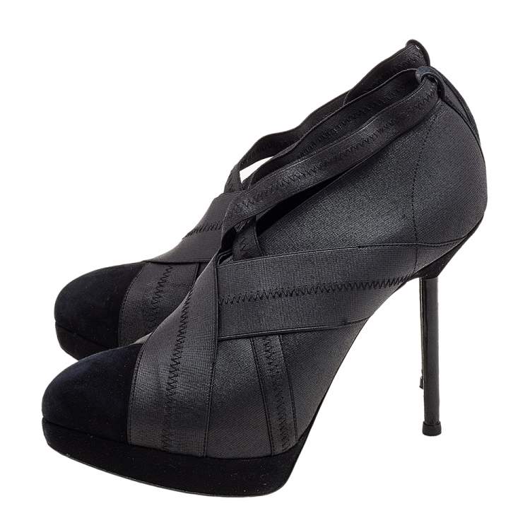 Pre Owned Yves Saint Laurent Black Elastic Bandage And Suede Booties Size 39.5