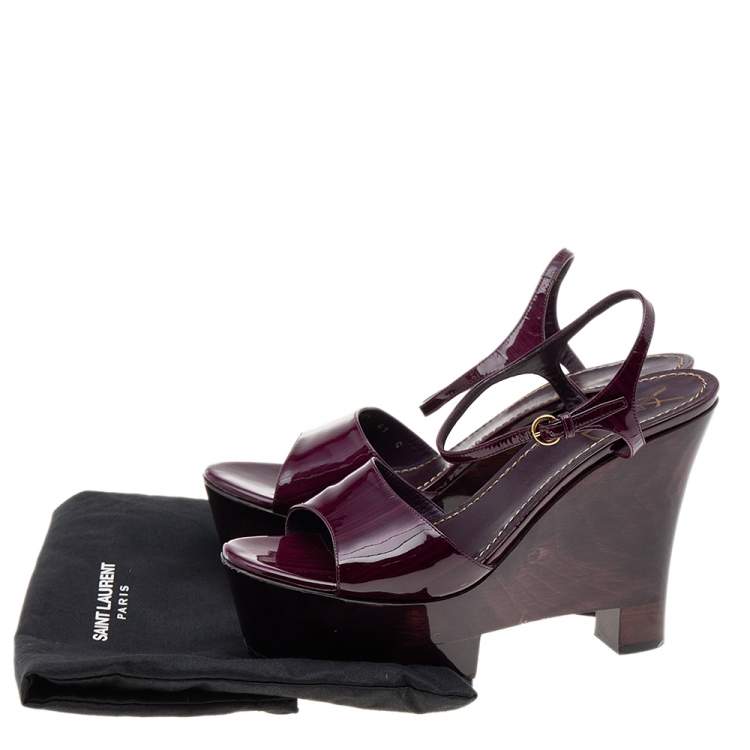 Pre Owned Yves Saint Laurent Purple Patent Leather Ankle Strap Platform Wedge Sandals Size 41