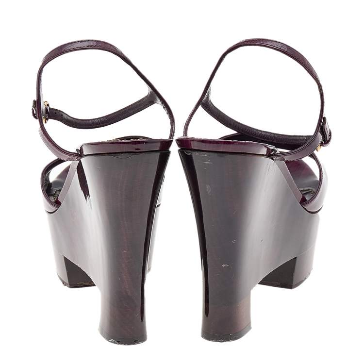 Pre Owned Yves Saint Laurent Purple Patent Leather Ankle Strap Platform Wedge Sandals Size 41