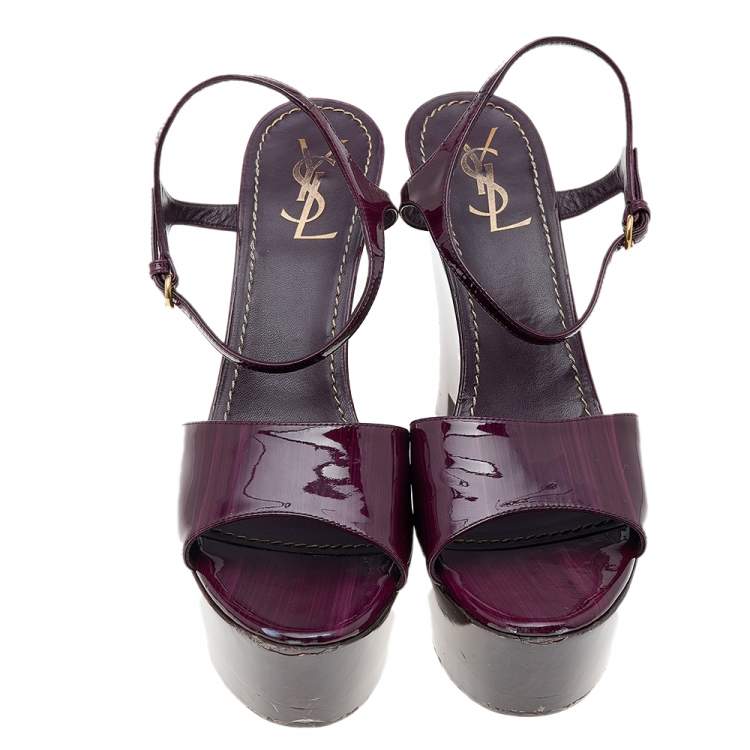 Pre Owned Yves Saint Laurent Purple Patent Leather Ankle Strap Platform Wedge Sandals Size 41