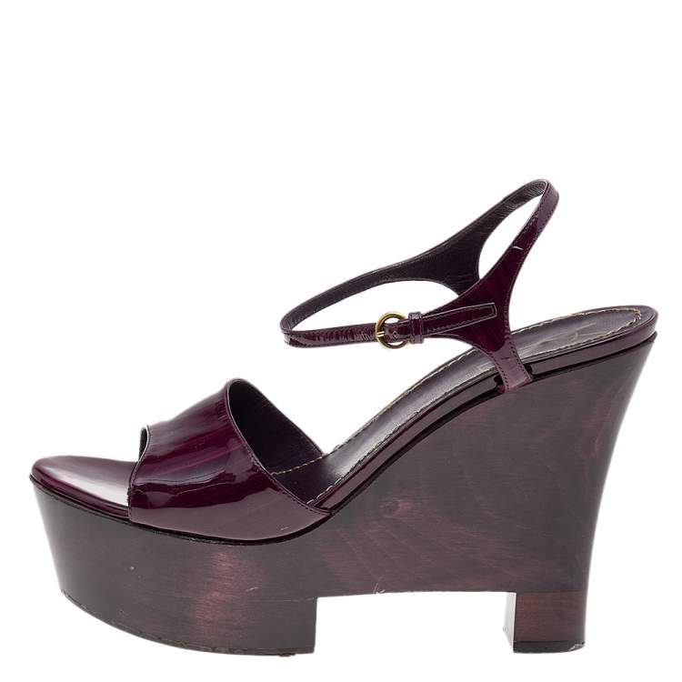 Pre Owned Yves Saint Laurent Purple Patent Leather Ankle Strap Platform Wedge Sandals Size 41