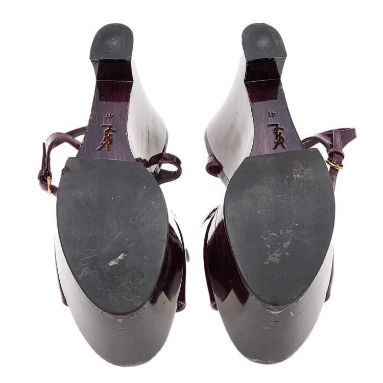 Pre Owned Yves Saint Laurent Purple Patent Leather Ankle Strap Platform Wedge Sandals Size 41