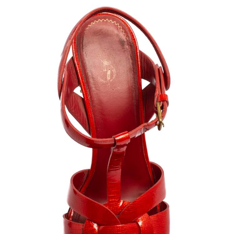 Pre Owned Yves Saint Laurent Red Patent Leather Tribute Platform Sandals Size 38.5