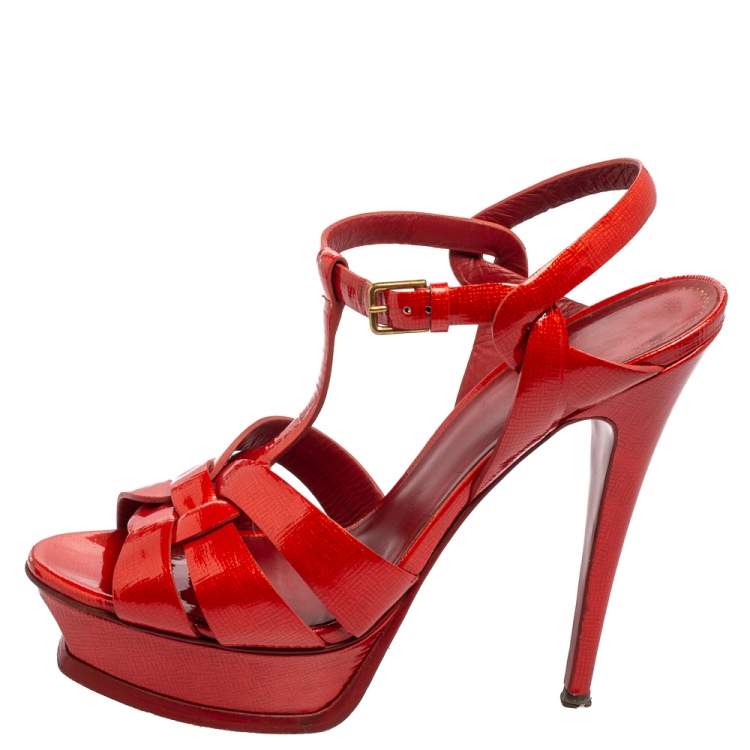 Pre Owned Yves Saint Laurent Red Patent Leather Tribute Platform Sandals Size 38.5