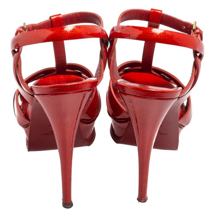 Pre Owned Yves Saint Laurent Red Patent Leather Tribute Platform Sandals Size 38.5