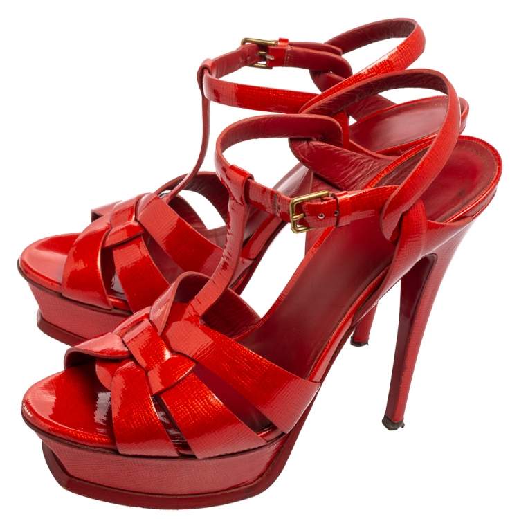 Pre Owned Yves Saint Laurent Red Patent Leather Tribute Platform Sandals Size 38.5