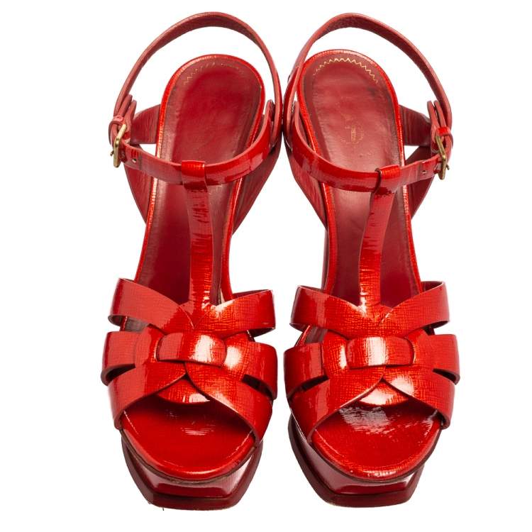 Pre Owned Yves Saint Laurent Red Patent Leather Tribute Platform Sandals Size 38.5
