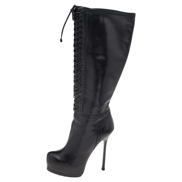 Pre Owned Yves Saint Laurent Black Leather Tribtoo Platform Knee Length Boots Size 41.5