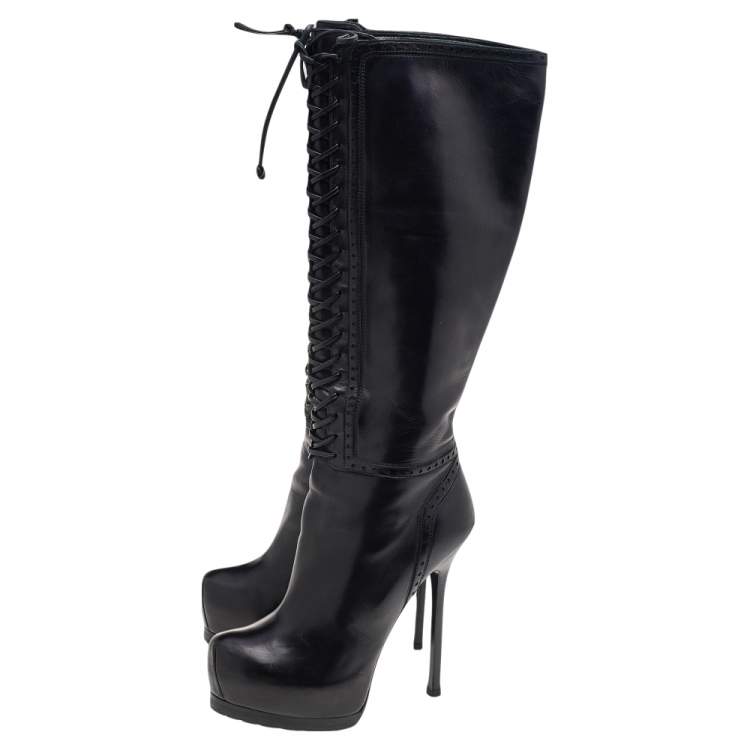 Pre Owned Yves Saint Laurent Black Leather Tribtoo Platform Knee Length Boots Size 41.5