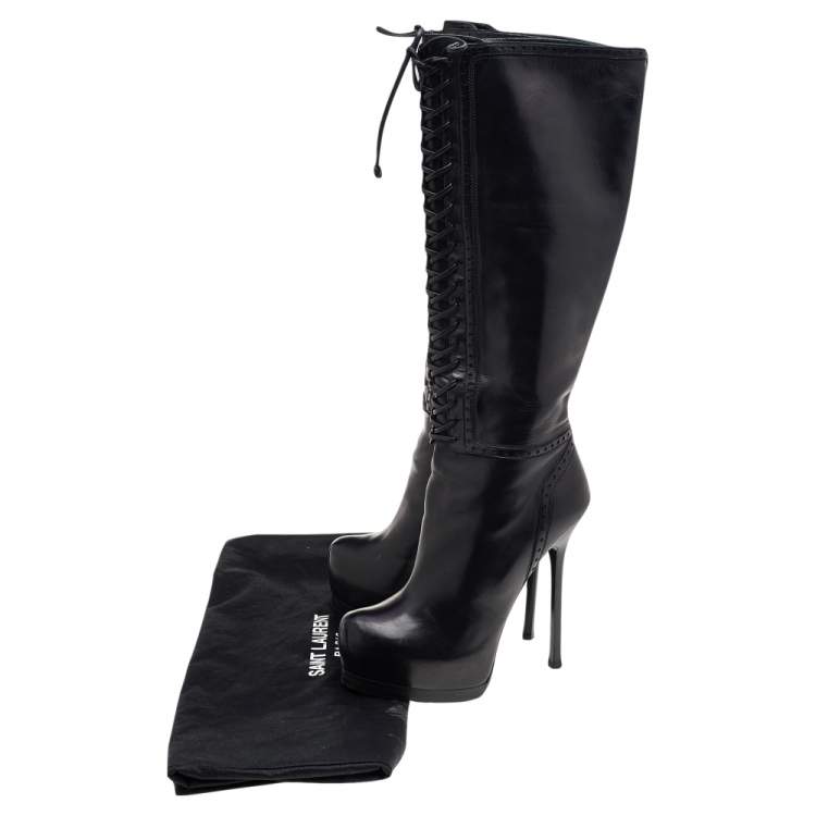 Pre Owned Yves Saint Laurent Black Leather Tribtoo Platform Knee Length Boots Size 41.5