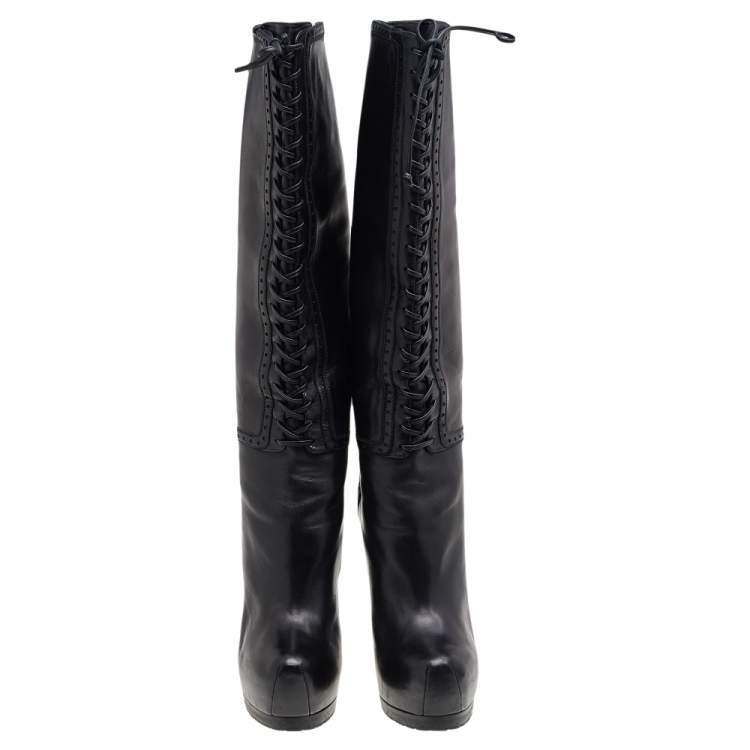Pre Owned Yves Saint Laurent Black Leather Tribtoo Platform Knee Length Boots Size 41.5
