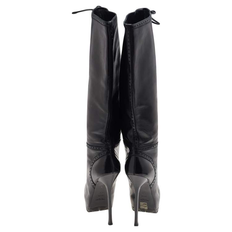 Pre Owned Yves Saint Laurent Black Leather Tribtoo Platform Knee Length Boots Size 41.5