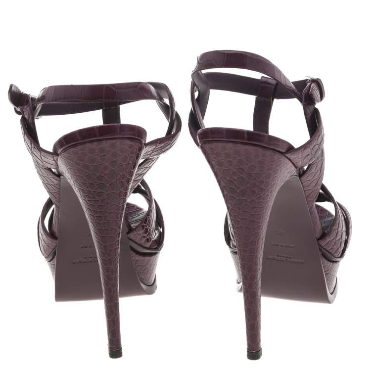 Pre Owned Saint Laurent Purple Croc Embossed Leather Tribute Platform Sandals Size 41