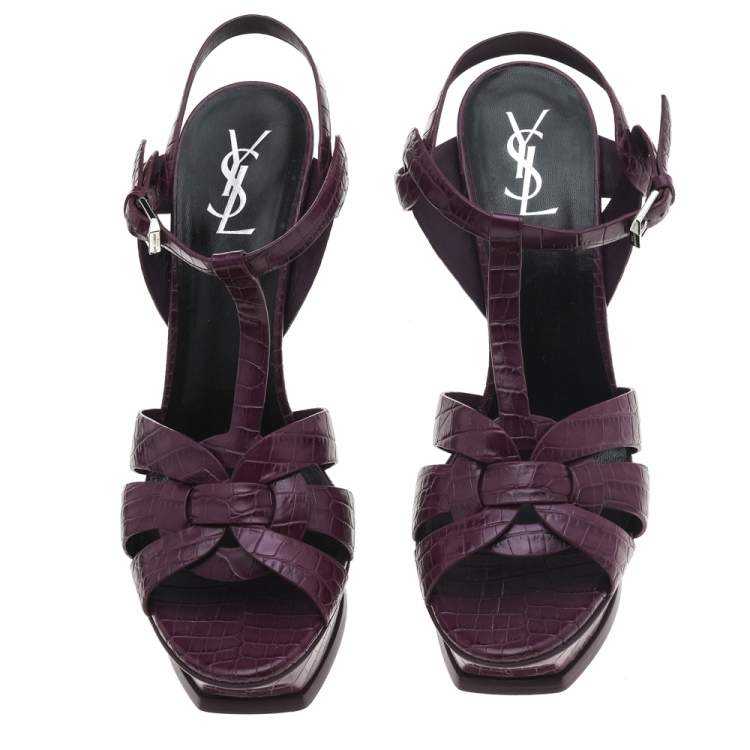 Pre Owned Saint Laurent Purple Croc Embossed Leather Tribute Platform Sandals Size 41