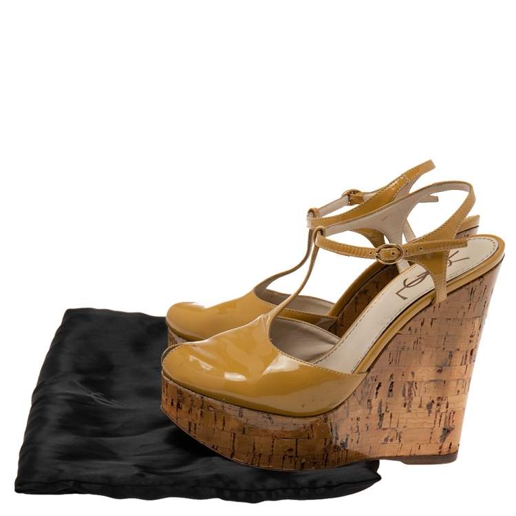 Pre Owned Yves Saint Laurent Brown Patent Leather Cork Wedge Sandals Size 35