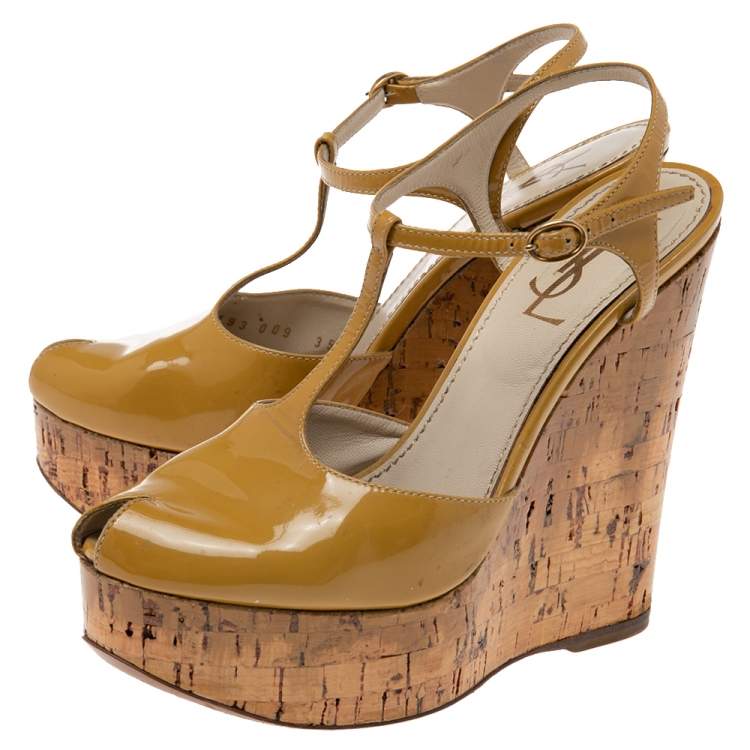 Pre Owned Yves Saint Laurent Brown Patent Leather Cork Wedge Sandals Size 35