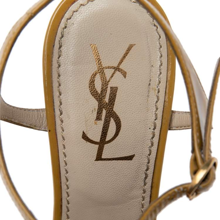 Pre Owned Yves Saint Laurent Brown Patent Leather Cork Wedge Sandals Size 35