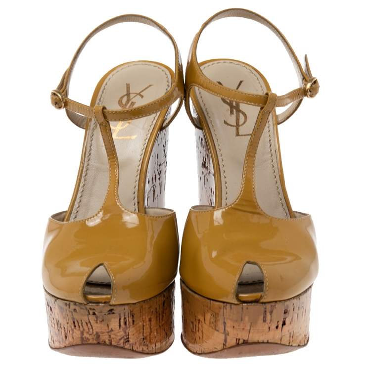 Pre Owned Yves Saint Laurent Brown Patent Leather Cork Wedge Sandals Size 35