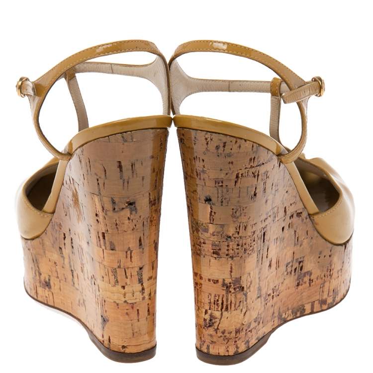 Pre Owned Yves Saint Laurent Brown Patent Leather Cork Wedge Sandals Size 35