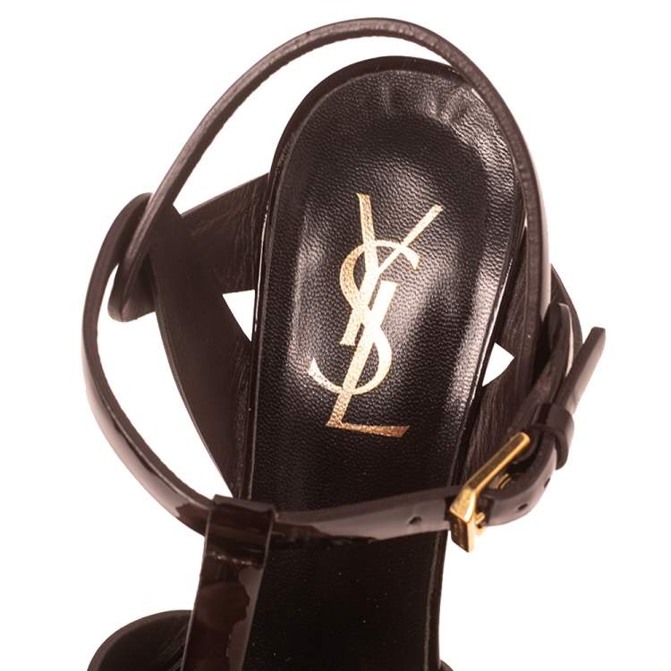Pre Owned Yves Saint Laurent Burgundy Patent Leather Tribute Platform Sandals Size 36.5