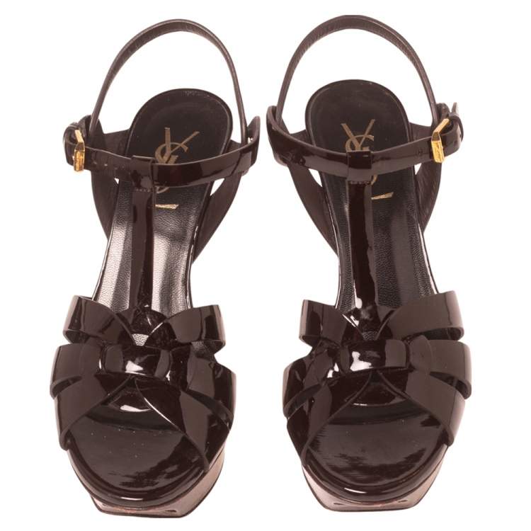 Pre Owned Yves Saint Laurent Burgundy Patent Leather Tribute Platform Sandals Size 36.5