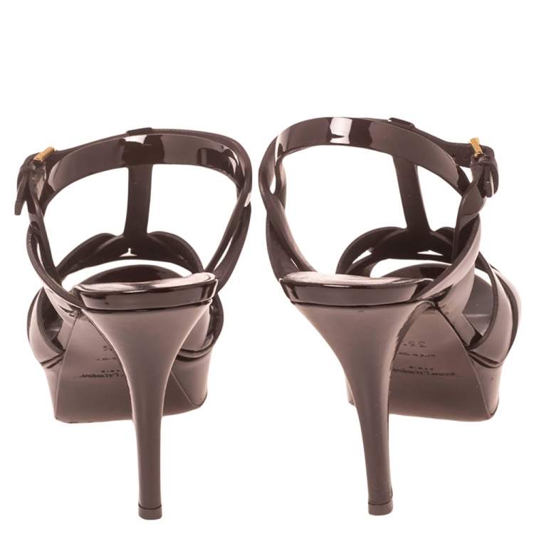 Pre Owned Yves Saint Laurent Burgundy Patent Leather Tribute Platform Sandals Size 36.5
