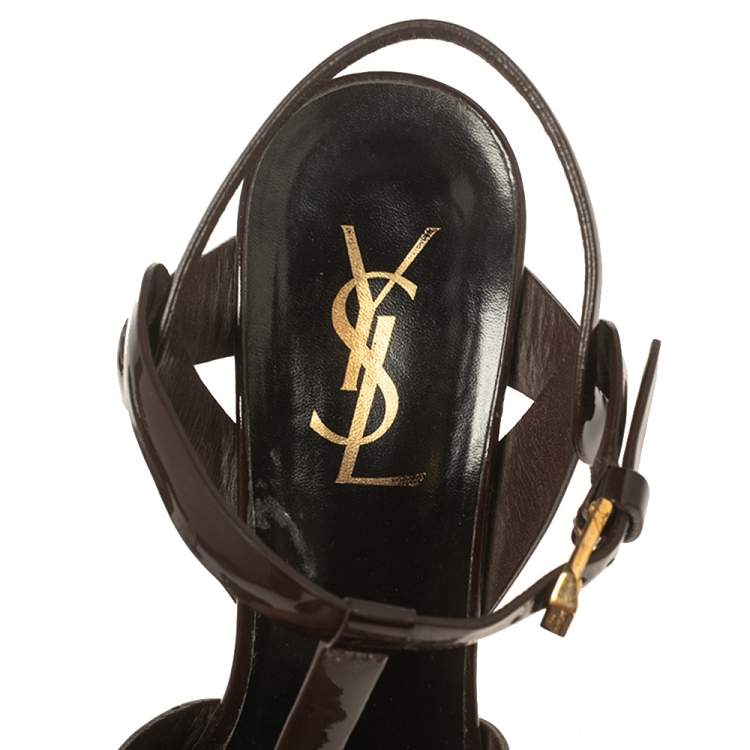 Pre Owned Yves Saint Laurent Burgundy Patent Leather Tribute  Sandals Size 37