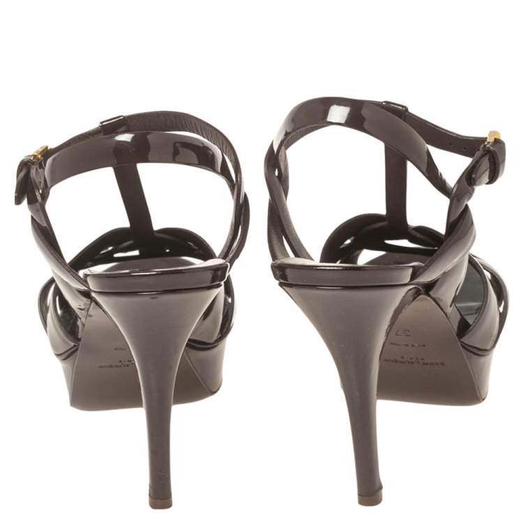 Pre Owned Yves Saint Laurent Burgundy Patent Leather Tribute  Sandals Size 37