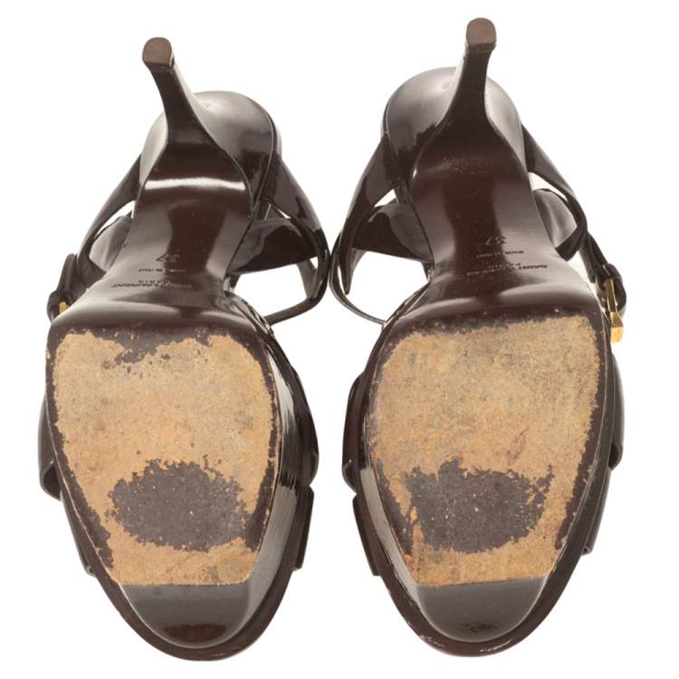 Pre Owned Yves Saint Laurent Burgundy Patent Leather Tribute  Sandals Size 37