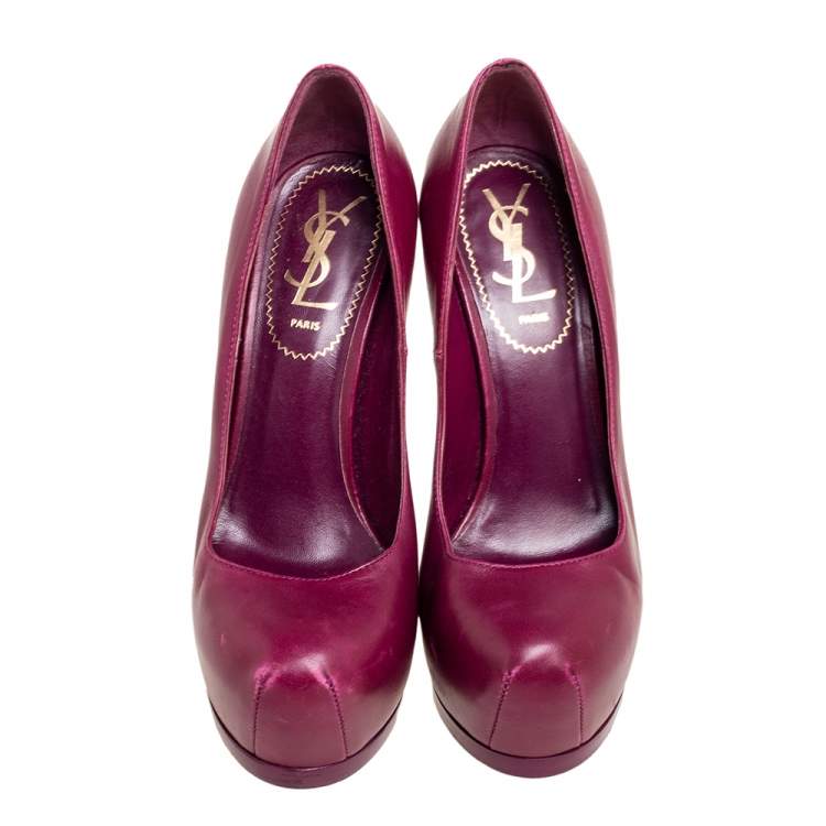Pre Owned Saint Laurent Plum Leather Tribtoo Pumps Size 35.5