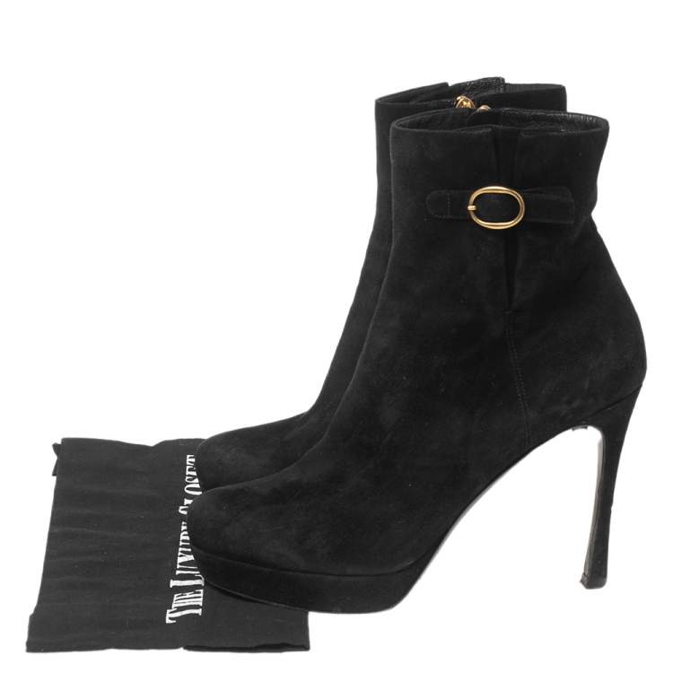 Pre Owned Saint Laurent Black Suede Buckle Platform Ankle Boots Size 41
