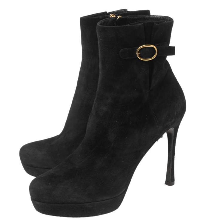 Pre Owned Saint Laurent Black Suede Buckle Platform Ankle Boots Size 41