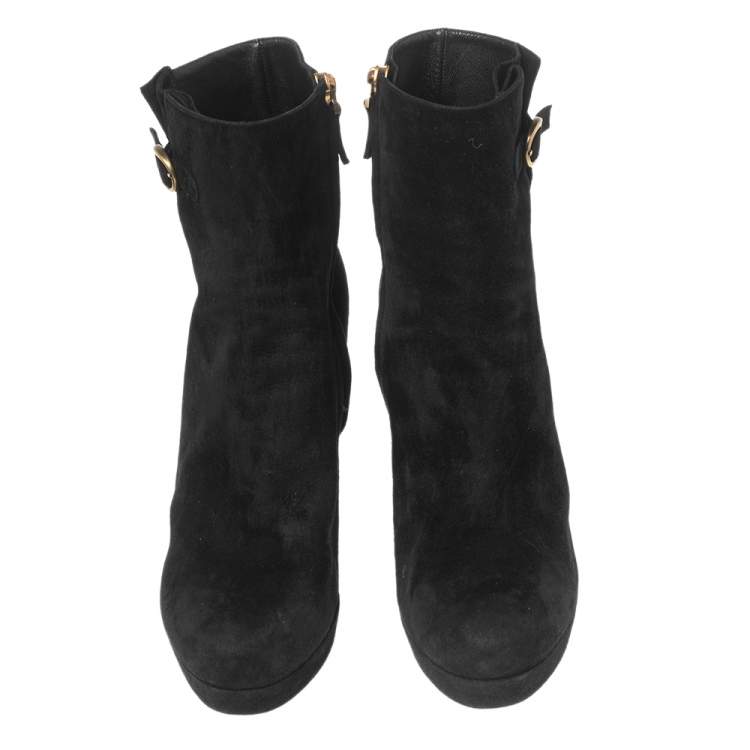 Pre Owned Saint Laurent Black Suede Buckle Platform Ankle Boots Size 41