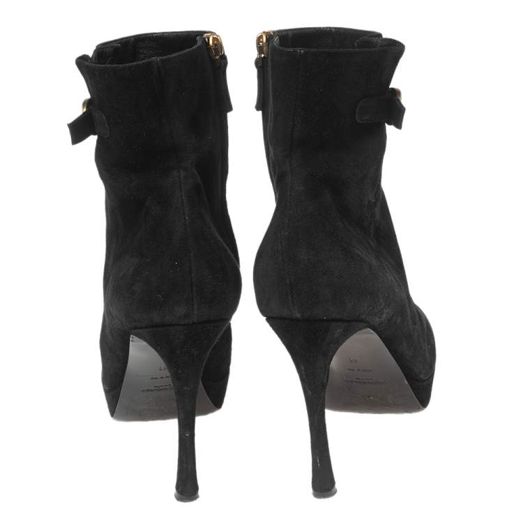 Pre Owned Saint Laurent Black Suede Buckle Platform Ankle Boots Size 41