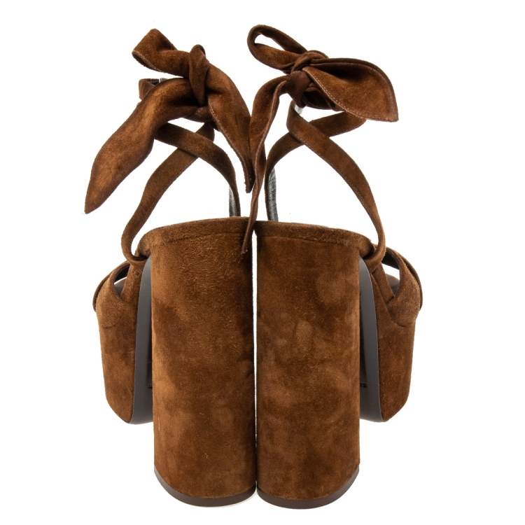Pre Owned Yves Saint Laurent Brown Suede Ankle Strap Platform Sandals Size 38