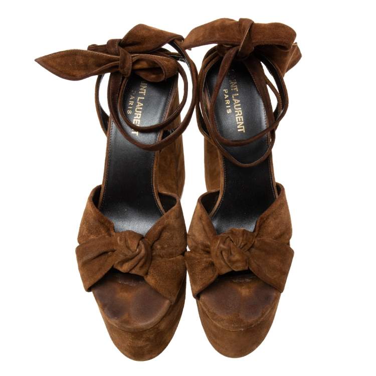 Pre Owned Yves Saint Laurent Brown Suede Ankle Strap Platform Sandals Size 38