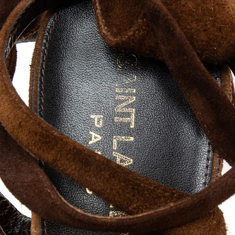 Pre Owned Yves Saint Laurent Brown Suede Ankle Strap Platform Sandals Size 38
