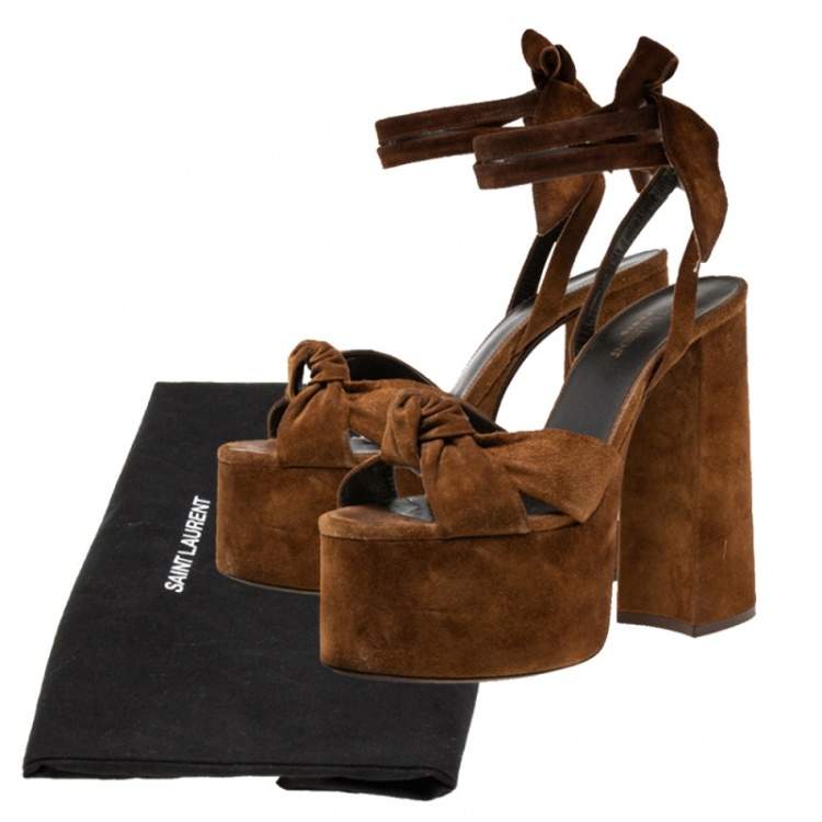 Pre Owned Yves Saint Laurent Brown Suede Ankle Strap Platform Sandals Size 38