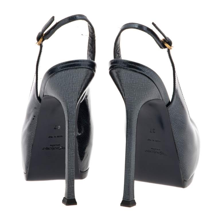 مملوكة مسبقًا Yves Saint Laurent Blue Textured Patent Leather Tribtoo Slingback Platform Sandals Size 37