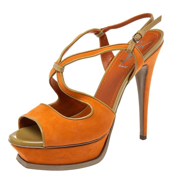 Saint Laurent Orange Nubuck Leather Strappy Platform Sandals Size 39.5 ...