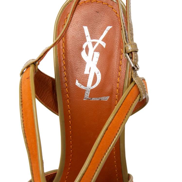 Pre Owned Saint Laurent Orange Nubuck Leather Strappy Platform Sandals Size 39.5 