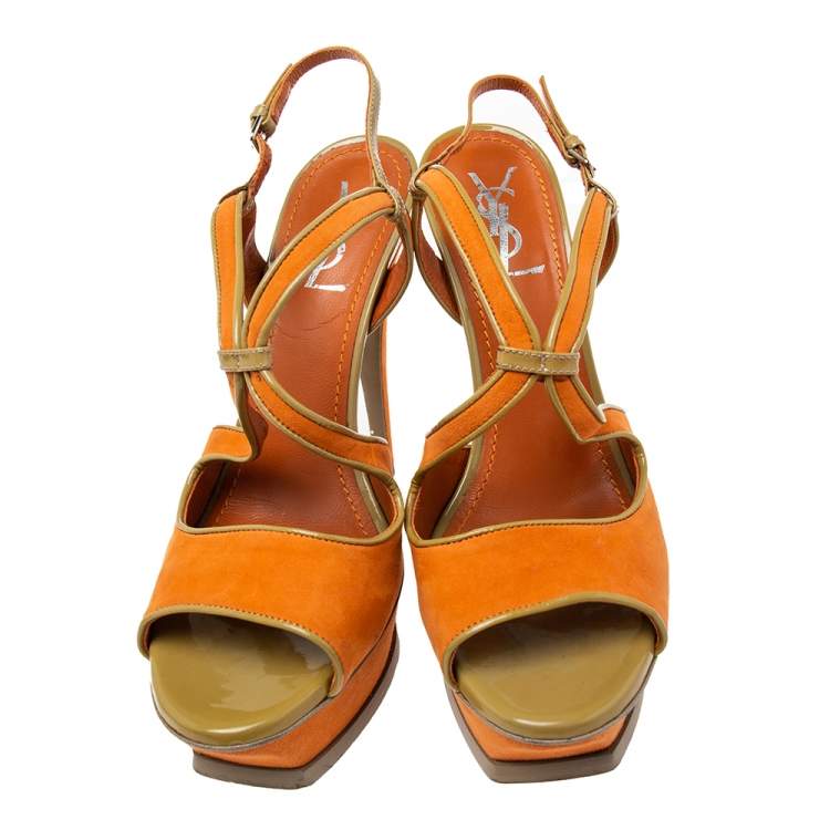 Pre Owned Saint Laurent Orange Nubuck Leather Strappy Platform Sandals Size 39.5 