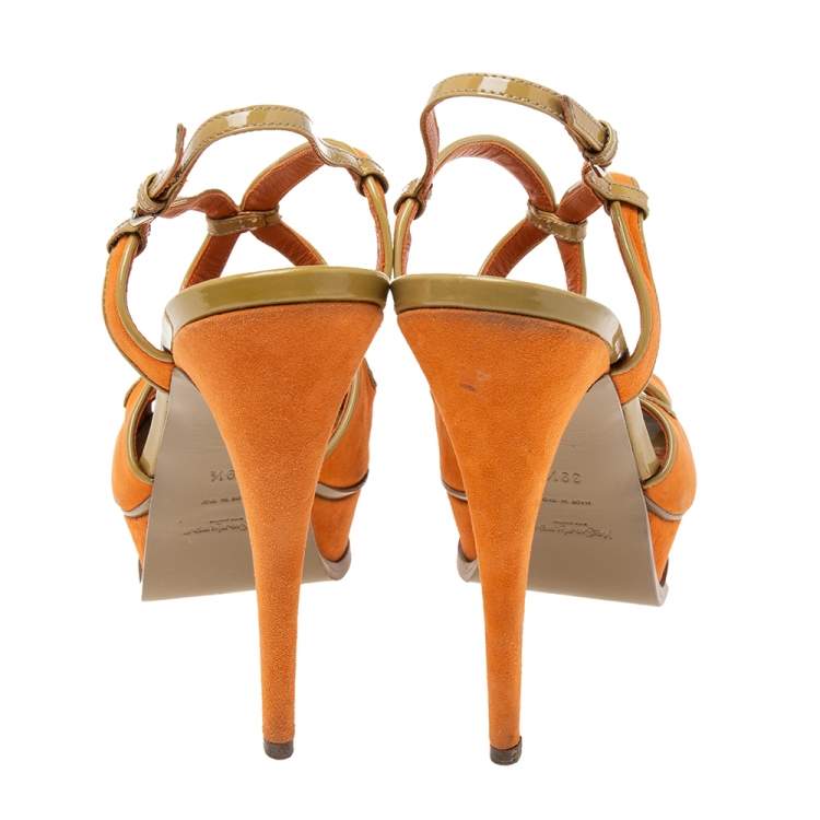 Pre Owned Saint Laurent Orange Nubuck Leather Strappy Platform Sandals Size 39.5 