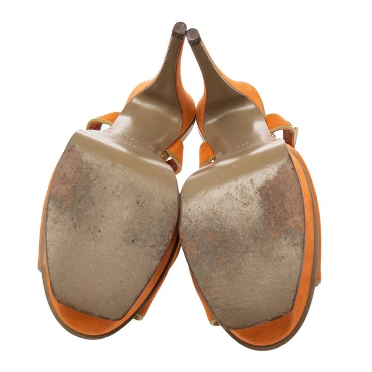 Pre Owned Saint Laurent Orange Nubuck Leather Strappy Platform Sandals Size 39.5 