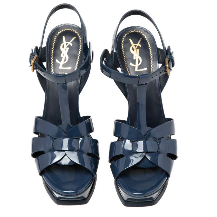 Pre Owned  Saint Laurent  Navy Blue Patent Leather Tribute Platform Sandals Size 37