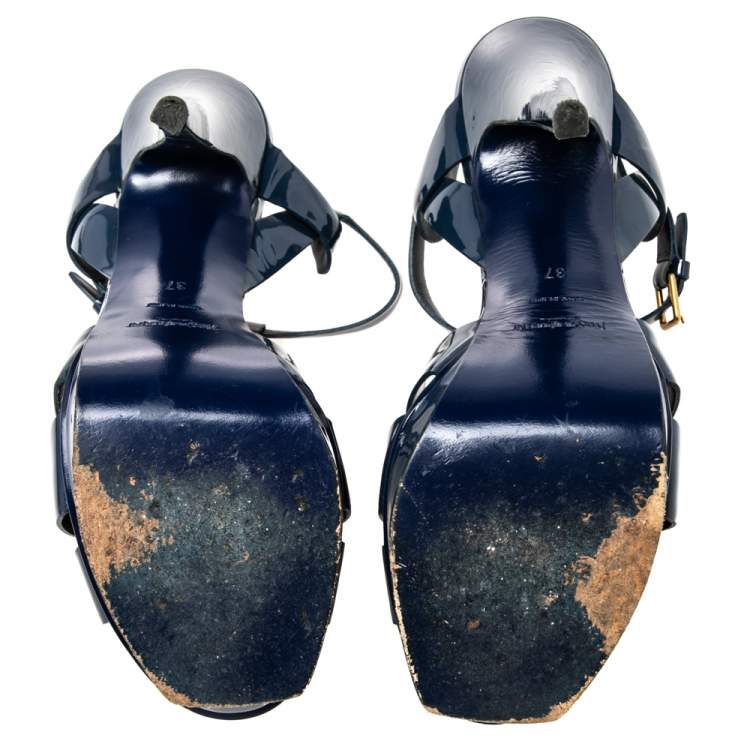 Pre Owned  Saint Laurent  Navy Blue Patent Leather Tribute Platform Sandals Size 37