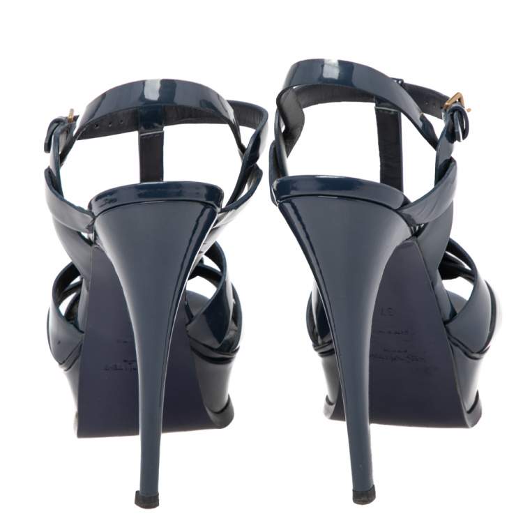 Pre Owned  Saint Laurent  Navy Blue Patent Leather Tribute Platform Sandals Size 37