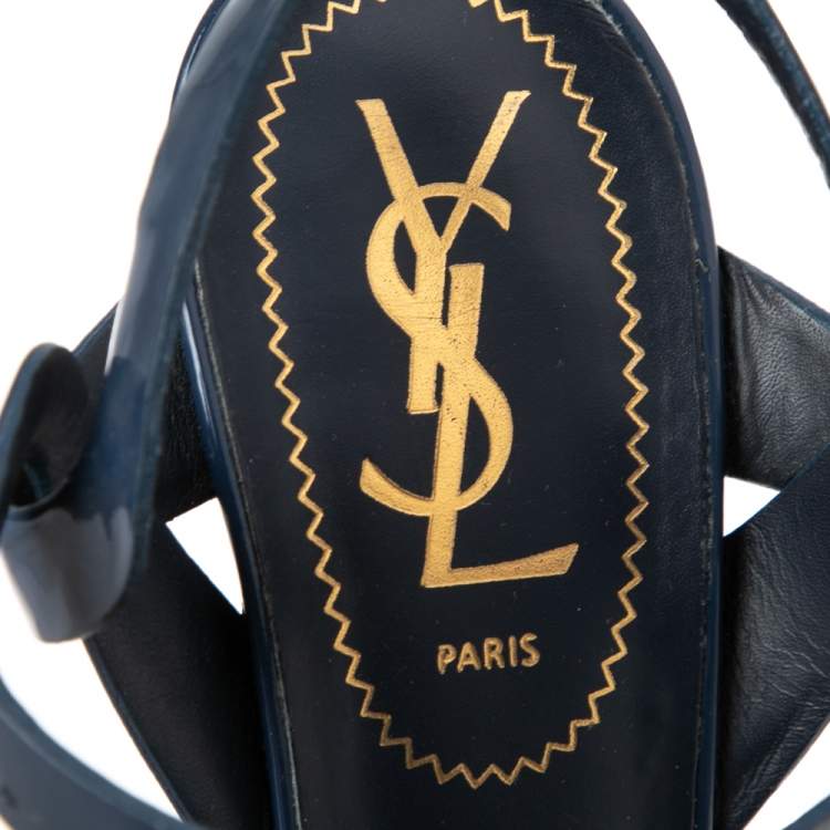 Pre Owned  Saint Laurent  Navy Blue Patent Leather Tribute Platform Sandals Size 37