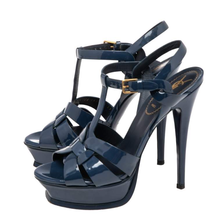 Pre Owned  Saint Laurent  Navy Blue Patent Leather Tribute Platform Sandals Size 37